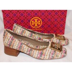 Tory Burch Georgia Pumps Pink Multi Tweed Women' Heels Logo Medallion NEW SZ 8